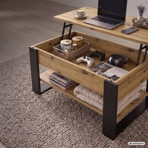 Stolik kawowy z podnoszonym blatem DENVER 92 cm prostokątny z półką Dąb Artisan czarne nogi