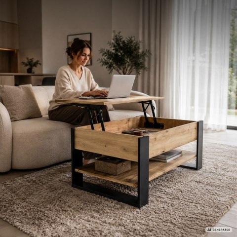 Stolik kawowy z podnoszonym blatem DENVER 92 cm prostokątny z półką Dąb Artisan czarne nogi