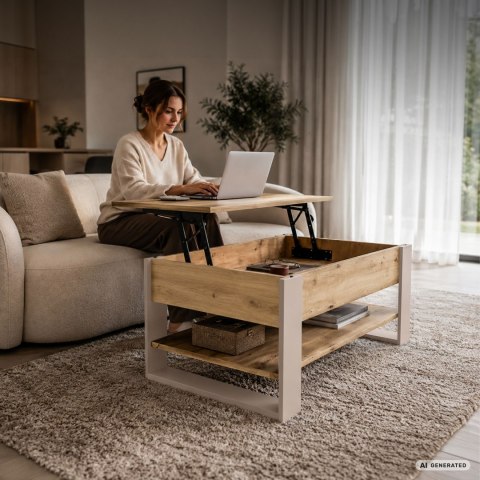 Stolik kawowy z podnoszonym blatem DENVER 92 cm prostokątny z półką Dąb Artisan kaszmirowe nogi