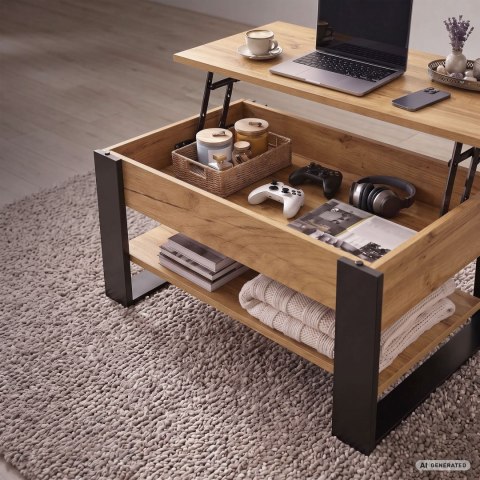 Stolik kawowy z podnoszonym blatem DENVER 92 cm prostokątny z półką Dąb Craft czarne nogi