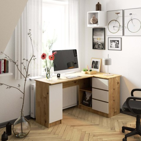 Biurko narożne B20 155 cm prawe - PK dąb artisan-białe - 3 szuflady