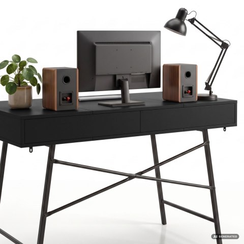 Biurko industrialne komputerowe Czarne Furnex ARDEN 120 cm 2 szuflady 1 półka Czarne nogi