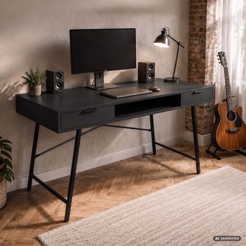 Biurko industrialne komputerowe Czarne Furnex ARDEN 120 cm 2 szuflady 1 półka Czarne nogi