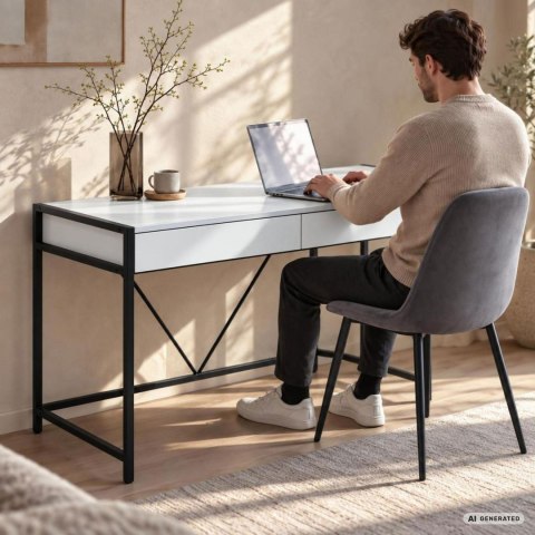 Biurko komputerowe LOFT PURE Białe 124 cm 2 szuflady czarne nogi styl industrialny 124x50x80 cm