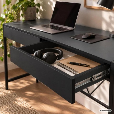 Biurko komputerowe LOFT PURE Czarne 124 cm 2 szuflady czarne nogi styl industrialny 124x50x80 cm