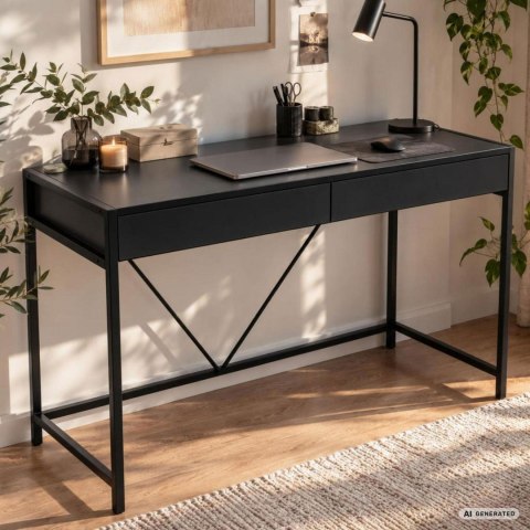 Biurko komputerowe LOFT PURE Czarne 124 cm 2 szuflady czarne nogi styl industrialny 124x50x80 cm