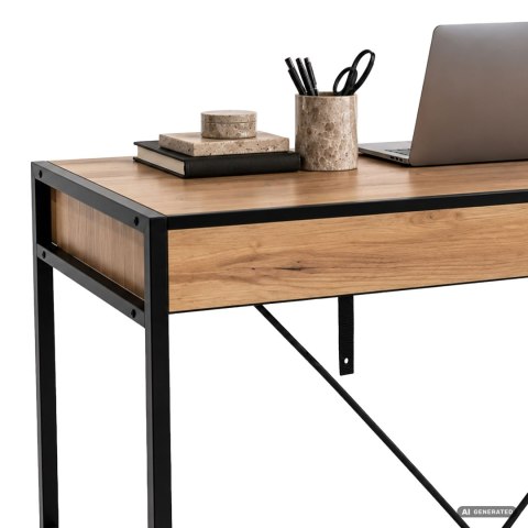 Biurko komputerowe LOFT PURE Dąb Craft 124 cm 2 szuflady czarne nogi styl industrialny 124x50x80 cm