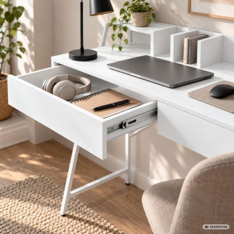 Biurko komputerowe ORIX Białe 124 cm 2 szuflady 1 półka białe nogi styl industrialny 124x48x91,5 cm