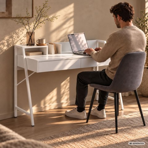 Biurko komputerowe ORIX Białe 124 cm 2 szuflady 1 półka białe nogi styl industrialny 124x48x91,5 cm