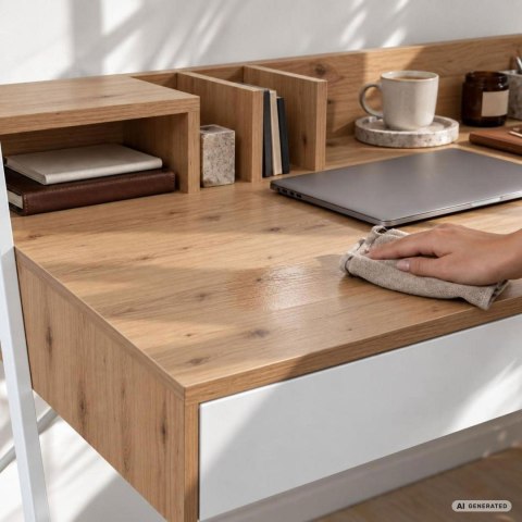 Biurko komputerowe ORIX Dąb Artisan 124 cm 2 szuflady 1 półka białe nogi styl industrialny 124x48x91,5 cm