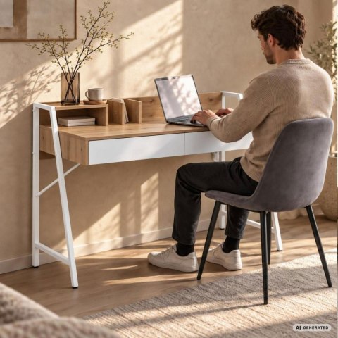 Biurko komputerowe ORIX Dąb Artisan 124 cm 2 szuflady 1 półka białe nogi styl industrialny 124x48x91,5 cm
