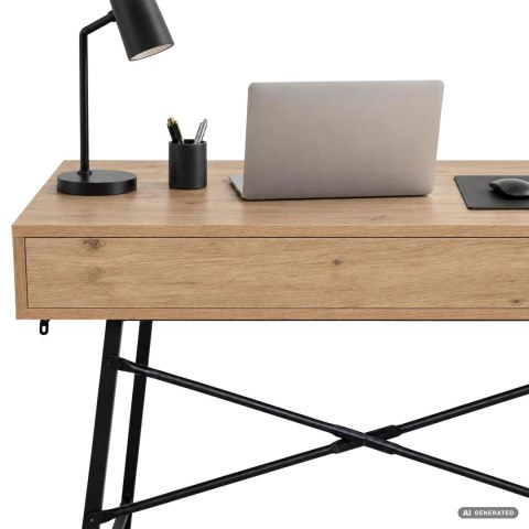 Biurko komputerowe RAX Dąb Artisan 100 cm 2 szuflady czarne nogi styl industrialny 100x48x80,5 cm