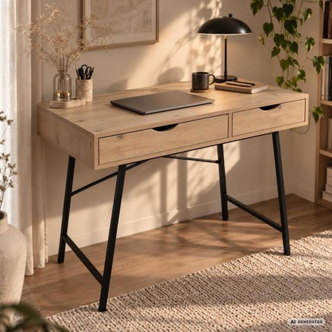 Biurko komputerowe RAX Dąb Artisan 100 cm 2 szuflady czarne nogi styl industrialny 100x48x80,5 cm