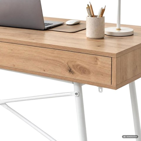 Biurko komputerowe SKANDIA Dąb Artisan 120 cm 2 szuflady biały stelaż styl industrialny 120x50x80,5 cm