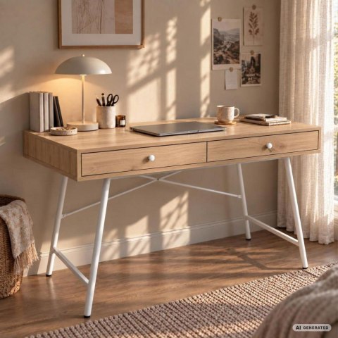Biurko komputerowe SKANDIA Dąb Artisan 120 cm 2 szuflady biały stelaż styl industrialny 120x50x80,5 cm